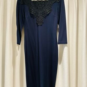 Elegant Navy Dress with Black Lace Front Overlay